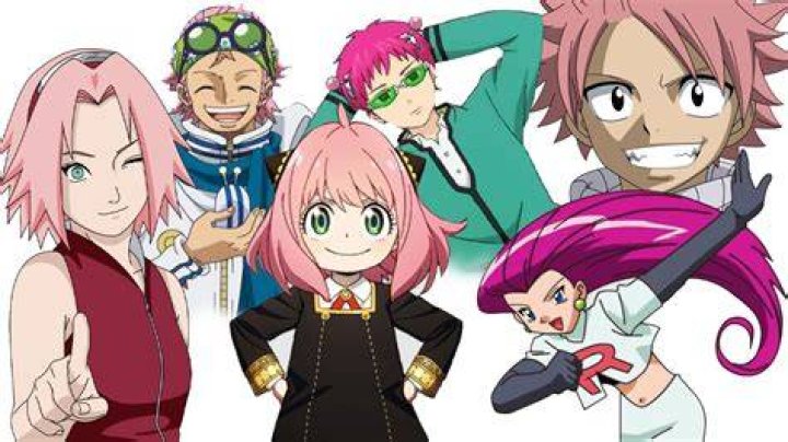 an anime character with pink hair and blue eyes wearing a pink jacket