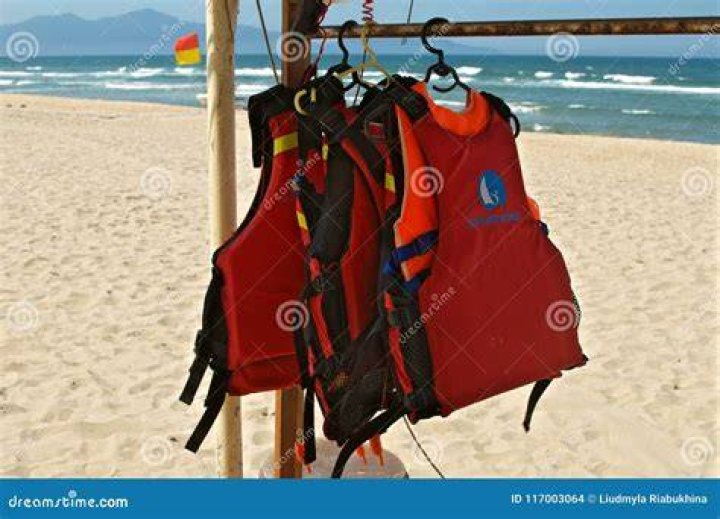 Life vests on beach in Greece.