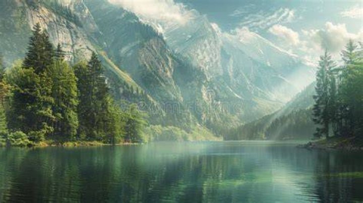 mountains with green trees surrounding sand and turquoise water