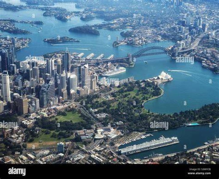 Sydney, Australia, aerial view across the bay at night